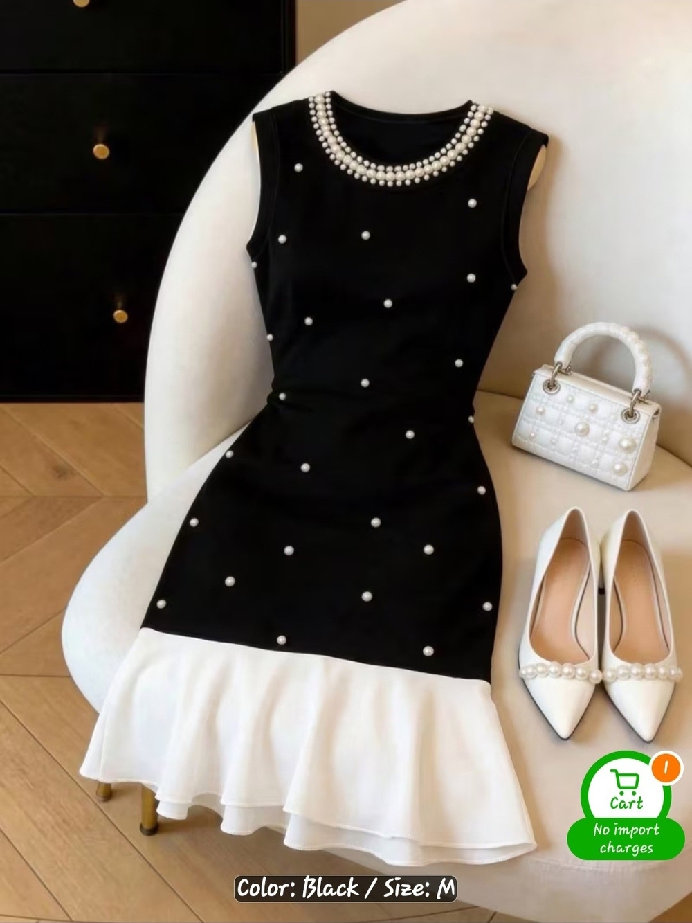 Elegant Black Pearl-Embellished Sleeveless Dress with White Hem